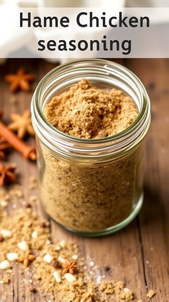 A jar of chicken seasoning mix with salt, pepper, and garlic powder on a wooden table.